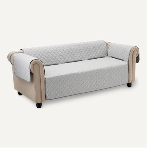 Amazon Basics Quilt Reversible Sofa Slipcover with Non-Slip Secure Fit, Elastic Anchor System, Three Seat Sofa, Large, Gray/Light Gray view 3