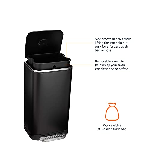 Amazon Basics Rectangular Metal Trash Can With Soft-Close Foot Pedal, 32 liter/8.5 gallon, 14"L x 14"W x 25.3"H, Black