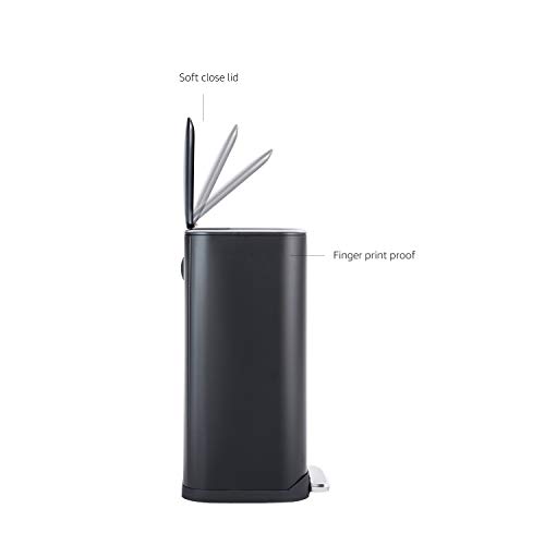 Amazon Basics Rectangular Metal Trash Can With Soft-Close Foot Pedal, 32 liter/8.5 gallon, 14"L x 14"W x 25.3"H, Black