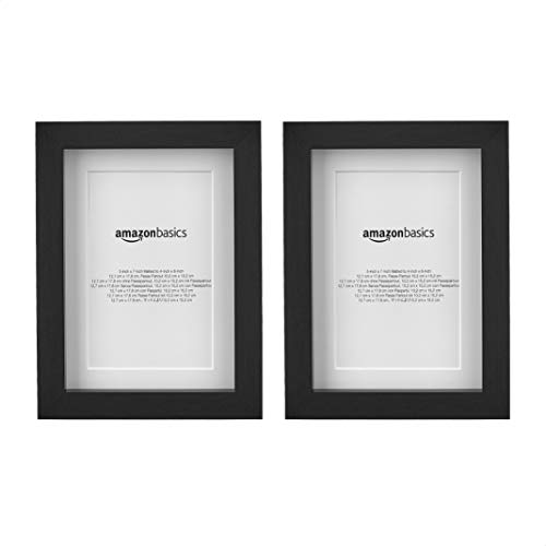Amazon Basics Rectangular Picture Frame with Glass, 5" x 7", Wall Hanging or Tabletop Display, Mat for 4" x 6" Photo, Black, 2-Pack
