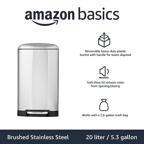 Amazon Basics Rectangular Small Trash Can with Lid and Soft-Close Foot Pedal for Bathroom, Bedroom, Living Room, Office, Smudge Resistant, 20l / 5.3 gallon, Nickel