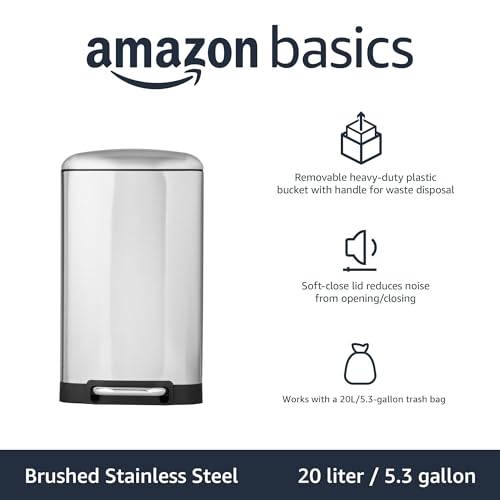 Amazon Basics Rectangular Small Trash Can with Soft-Close Step Pedal, Removable Inner Bucket, Hands-Free, Space-Saving, Smudge Resistant, 20l / 5.3 gallon, Nickel view 2