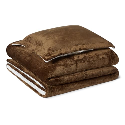 Amazon Basics Reversible Sherpa Comforter Set with Pillow Sham, Brown, Twin/Twin XL