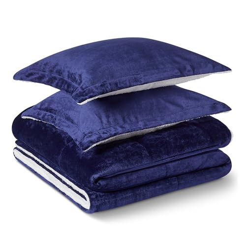 Amazon Basics Reversible Sherpa Comforter Set with Pillow Sham, Navy, Queen/Full