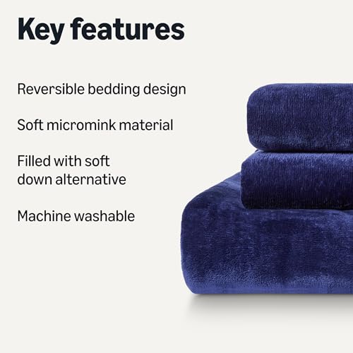 Amazon Basics Reversible Sherpa Comforter Set with Pillow Sham, Navy, Queen/Full view 2