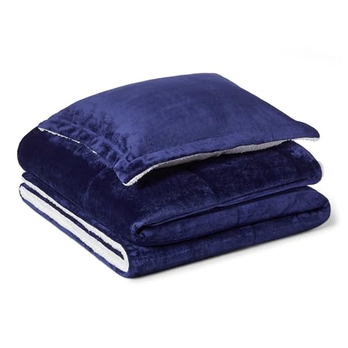 Amazon Basics Reversible Sherpa Comforter Set with Pillow Sham, Twin/Twin XL, Navy