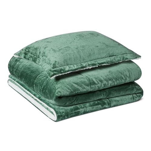 Amazon Basics Reversible Sherpa Comforter Set with Pillow Sham, Twin/Twin XL, Green