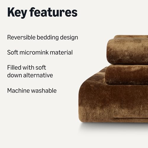 Amazon Basics Reversible Sherpa Comforter Set with Pillow Sham, Brown, Queen/Full view 2