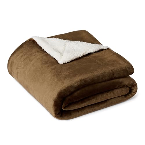 Amazon Basics Reversible Sherpa Throw Blanket, Soft Flannel and Plush, 50"x60", Brown