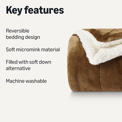 Amazon Basics Reversible Sherpa Throw Blanket, Soft Flannel and Plush, 50"x60", Brown view 2