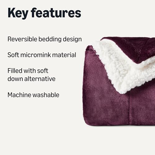 Amazon Basics Reversible Sherpa Throw Blanket, Velvety Flannel, Ultra Soft, Plum, 50"x60" view 2