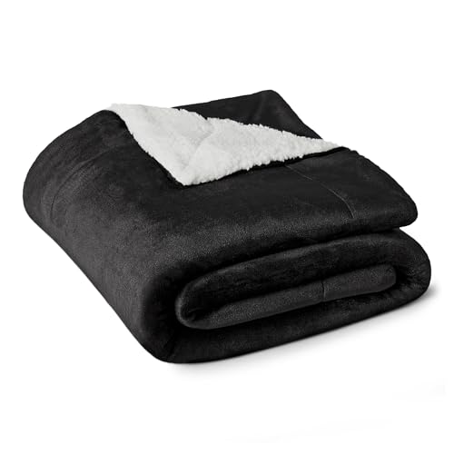 Amazon Basics Reversible Sherpa Throw Blanket, Warm, 50"x60", Black