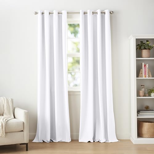 Amazon Basics Room Darkening Blackout Window Curtain with Grommets, Noise Reducing, 100% Blackout, 52 x 96 inches, White, Set of 2