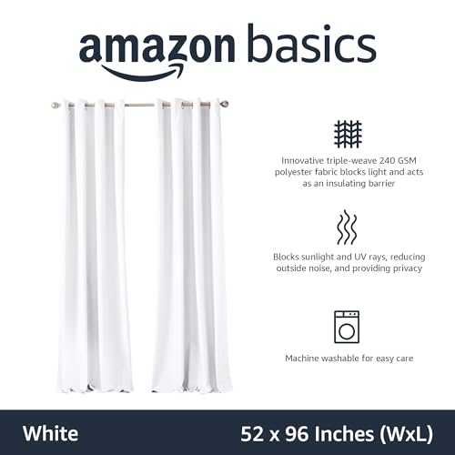 Amazon Basics Room Darkening Blackout Window Curtain with Grommets, Noise Reducing, 100% Blackout, 52 x 96 inches, White, Set of 2 view 2