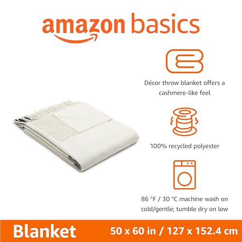 Amazon Basics Room Decor Throw Blanket, Lightweight and Cozy in Polyester, Ivory With Blue Cross-check Pattern, 50"x 60"