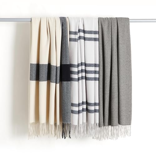 Amazon Basics Room Decor Throw Blanket, Lightweight and Cozy in Polyester, Ivory With Blue Cross-check Pattern, 50"x 60"