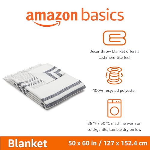 Amazon Basics Room Décor Throw Blanket, Lightweight and Cozy in Recycled Polyester, Light Grey With Blue Stripes, 50"x 60"