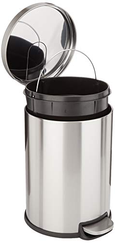Amazon Basics Round Cylindrical Home Office Trash Can With Soft-Close Foot Pedal, 20 l /5.3 gallon, Brushed Stainless Steel