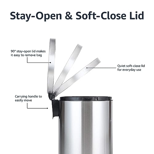 Amazon Basics Round Cylindrical Home Office Trash Can With Soft-Close Foot Pedal, 20 l /5.3 gallon, Brushed Stainless Steel