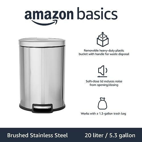 Amazon Basics Round Cylindrical Trash Can with Soft-Close Lid, Foot Pedal, Removable Inner Bucket, Smudge Resistant, 20 l/5.3 gallon, Brushed Stainless Steel view 2