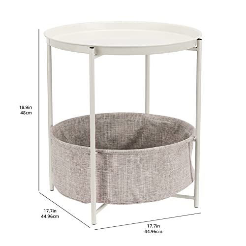 Amazon Basics Round Storage End Table, Side Table with Cloth Basket, White/Heather Gray, 17.7"L x 17.7"W x 18.9"H