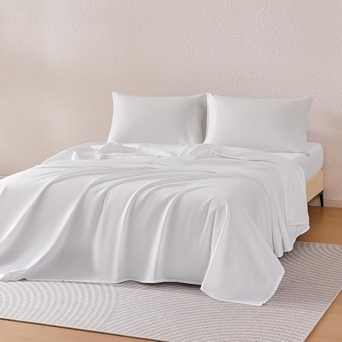 Amazon Basics Sheet Set Cationic 4-Piece Bedding Set, Wrinkle Free and Easy Fit, Easy Care Bedding with 1 Deep Pocket Fitted Sheet, 1 Flat Sheet, and 2 Pillowcases, Queen, White