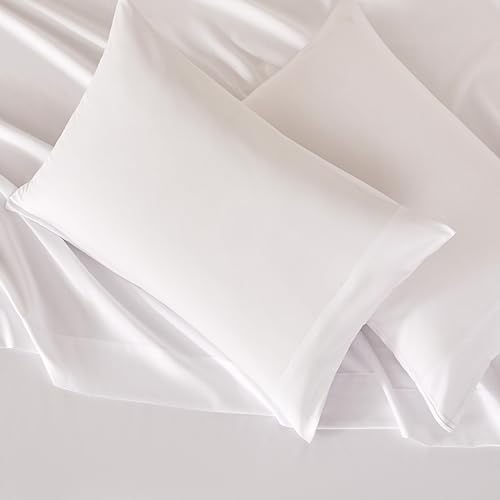 Amazon Basics Sheet Set Cationic 4-Piece Bedding Set, Wrinkle Free and Easy Fit, Easy Care Bedding with 1 Deep Pocket Fitted Sheet, 1 Flat Sheet, and 2 Pillowcases, Queen, White view 3