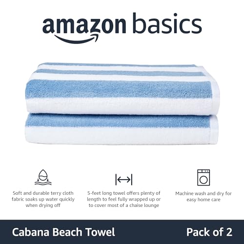 Amazon Basics Sky Blue Cabana Stripe Pool & Beach Towel, 100% Cotton, Soft & Absorbent, Machine Washable, Quick Dry, Large, 2 Pack, Sky Blue, 30" x 60"