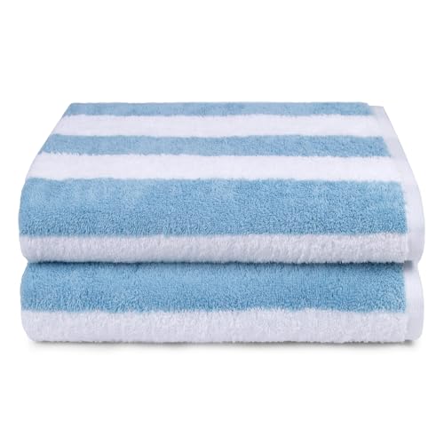 Amazon Basics Sky Blue Cabana Stripe Pool & Beach Towel, 100% Cotton, Soft & Absorbent, Machine Washable, Quick Dry, Large, 2 Pack, Sky Blue, 30" x 60"