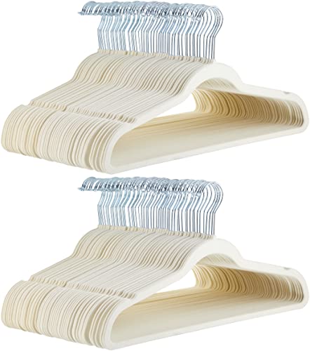 Amazon Basics Slim, Velvet, Non-Slip, Space-Saving Suit Clothes Hangers, Pack of 100, Ivory/Beige