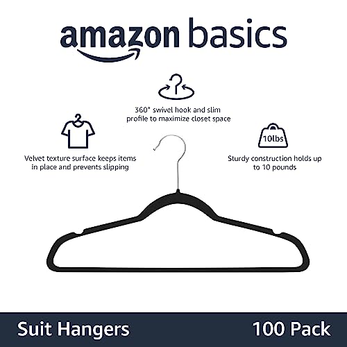 Amazon Basics Slim Velvet, Non-Slip Suit Clothes Hangers, Pack of 100, Black