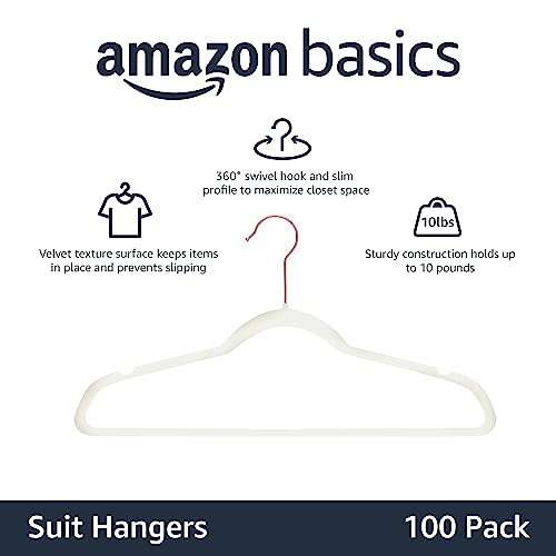 Amazon Basics Slim, Velvet, Non-Slip Suit Clothes Hangers, Ivory/Rose Gold - Pack of 100