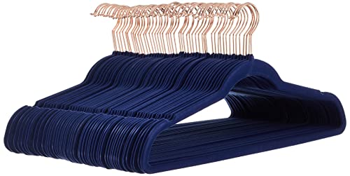 Amazon Basics Slim Velvet, Non-Slip Suit Clothes Hangers, Pack of 50, Navy Blue/Rose Gold