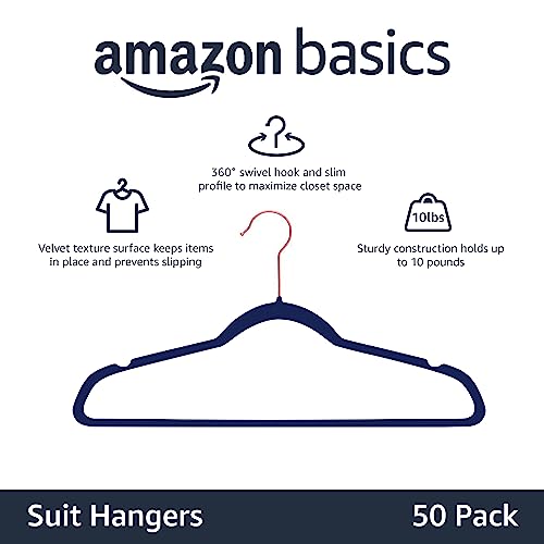 Amazon Basics Slim Velvet, Non-Slip Suit Clothes Hangers, Pack of 50, Navy Blue/Rose Gold