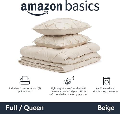 Amazon Basics Soft, Breathable Queen Size Comforter Set, All-Season Down-Alternative 3-Piece Bedding Set, Pinch Pleat Design with Piped Edges, Full/Queen, Beige view 2