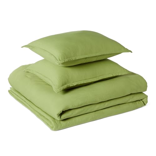 Amazon Basics Soft Brushed Microfiber Comforter Set, Extra Soft with Natural Texture, 3-Piece, Queen/Full, Green, Machine Washable