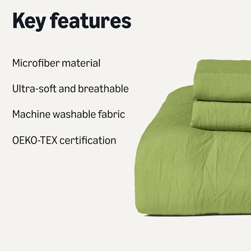 Amazon Basics Soft Brushed Microfiber Comforter Set, Extra Soft with Natural Texture, 3-Piece, Queen/Full, Green, Machine Washable view 2