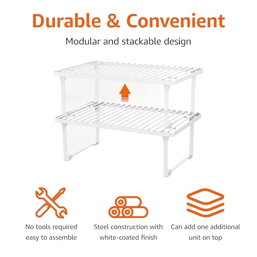 Amazon Basics Space-Saving Stackable Metal Kitchen Cabinet Organizer Shelves for Dishes, Pantry Organization, 12.5" L x 8" D x 4.5" H, Set of 2, White view 3