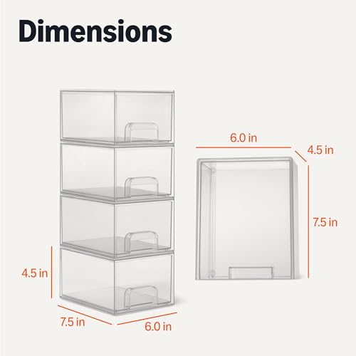 Amazon Basics Stackable Plastic Storage Makeup Organizer Drawers, Clear, 7.5" x 6" x 4.5", 4 Pack view 2