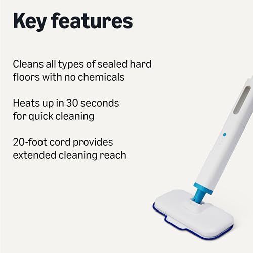 Amazon Basics Steam Mop for All Sealed Hard Floors, Heats Up in 30 Seconds, Chemical-Free Cleaning, 3 Washable Pads, 20-Foot Cord, White view 2