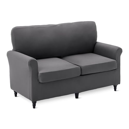 Amazon Basics Stretchy Spandex Blend Sofa Slipcover with Elastic Bottom, Two Seat Sofa, Medium, Dark Gray