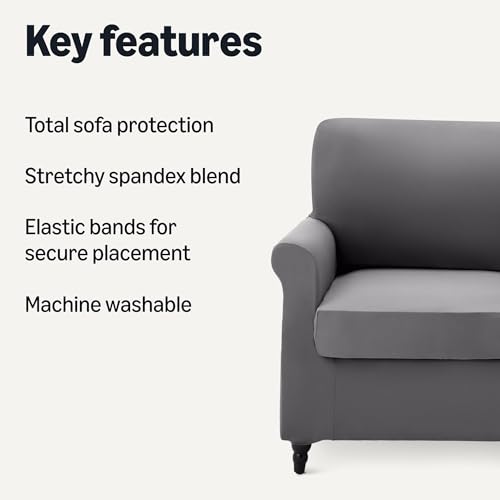 Amazon Basics Stretchy Spandex Blend Sofa Slipcover with Elastic Bottom, Two Seat Sofa, Medium, Dark Gray view 2