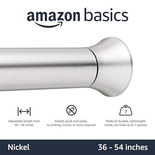 Amazon Basics Tension Curtain Rod, Adjustable 36-54" Width - Nickel, Classic Finial