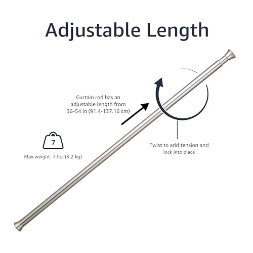 Amazon Basics Tension Curtain Rod, Adjustable 36-54" Width - Nickel, Classic Finial