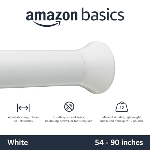 Amazon Basics Tension Curtain Rod, Adjustable 54-90" Width - White, Classic Finial