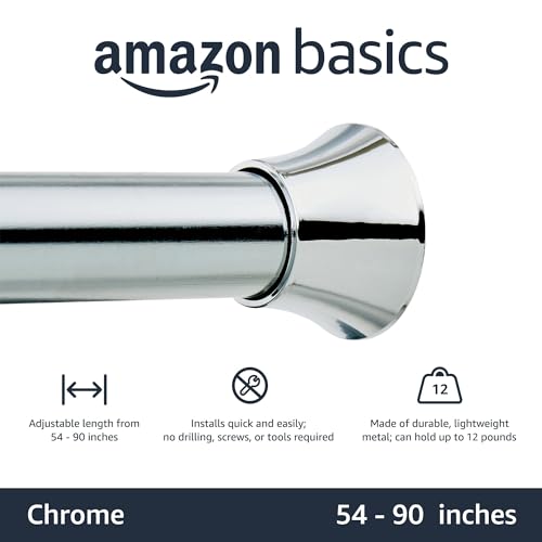 Amazon Basics Tension Curtain Rod, Adjustable 54-90" Width - Chrome, Classic Finial