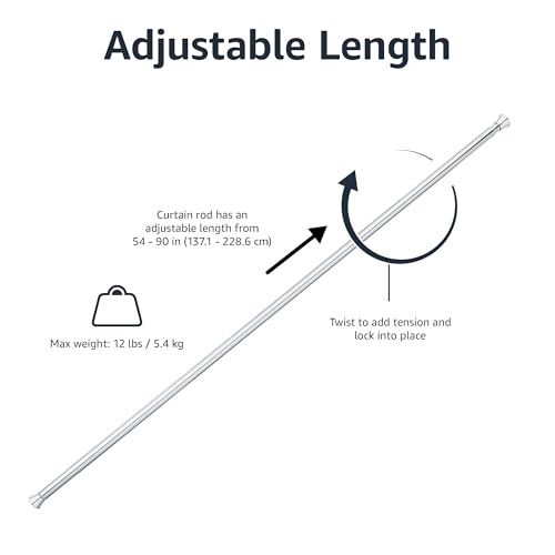 Amazon Basics Tension Curtain Rod, Adjustable 54-90" Width - Chrome, Classic Finial