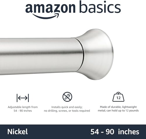 Amazon Basics Tension Curtain Rod, Adjustable 54-90" Width - Nickel, Classic Finial