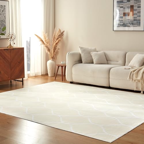 Amazon Basics Thin Indoor Area Rug, Geometric Printed Washable Home Decor Carpet for Living Room Bedroom, 6' W × 9' L, Beige Geometric
