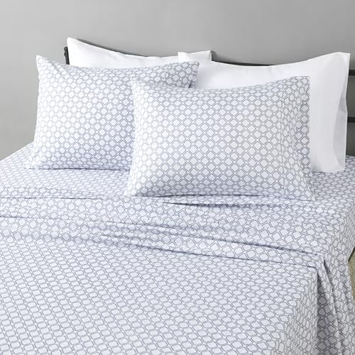 Amazon Basics Ultra-Soft Lightweight Microfiber 4-Piece Bed Sheet Set with Flat Sheet and Fitted Sheet, Polyester, Machine Wash, Queen, Aqua, Printed